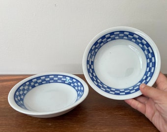 Vintage IDG Japan Blue Checkered Fruit Dessert Bowl | Blue & White Checker | Retro Kitchen Diner | Japanese Hand Painted | Set of 2 Bowls