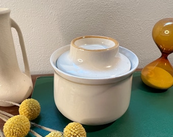 Vintage 1970s Casual Classic Stoneware Sugar Bowl in White | Hand Painted in Korea | Yellow Rim