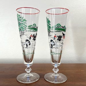 Vintage 50s Libbey Currier & Ives Making Hay Pilsner Beer Glasses | Red Green Nature Scene w Red Rims Drinkware | Cocktail Wine | Set of 2