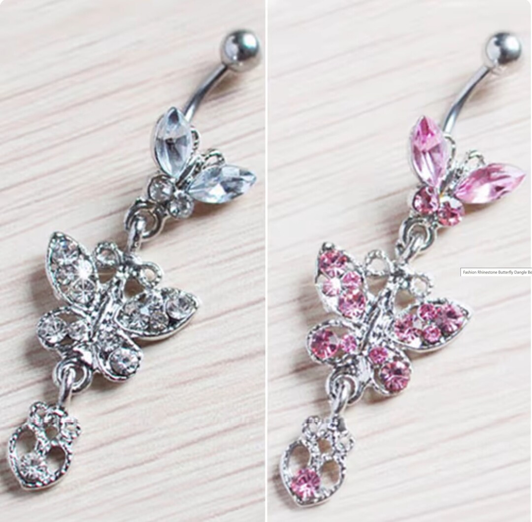 Twin Butterfly Drop Heart Belly Button Ring Navel Ring Sea - Etsy