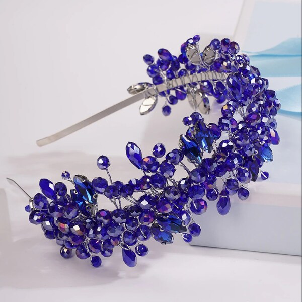Blue and Green Headband with Clear Crystals