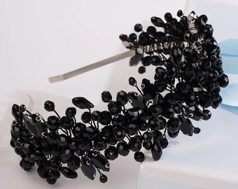 Black Crystal Opal Wedding Headband Leaves Bridal Headpiece Jewelry Band Rhinestone Hairpiece Women Hair Accessories