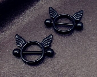Evil wings nipple fangs shield cover ring body dangle piercing bar jewellery uk  (1 pair) (black)