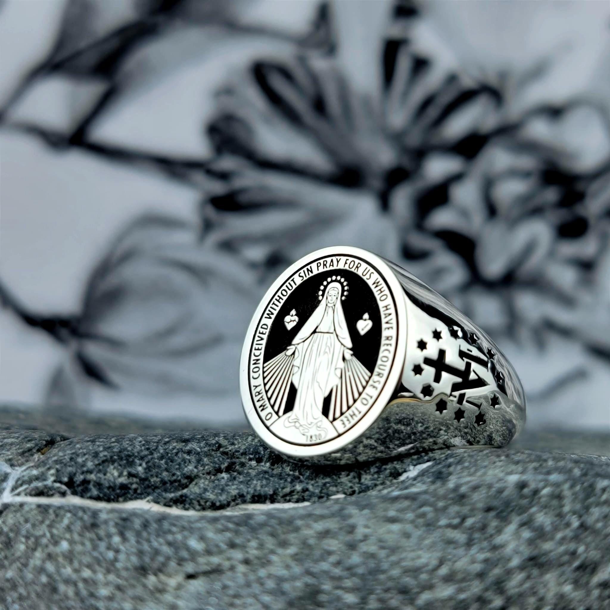 14 K Sterling Silver Miraculous Virgin Mary Ring - Marian