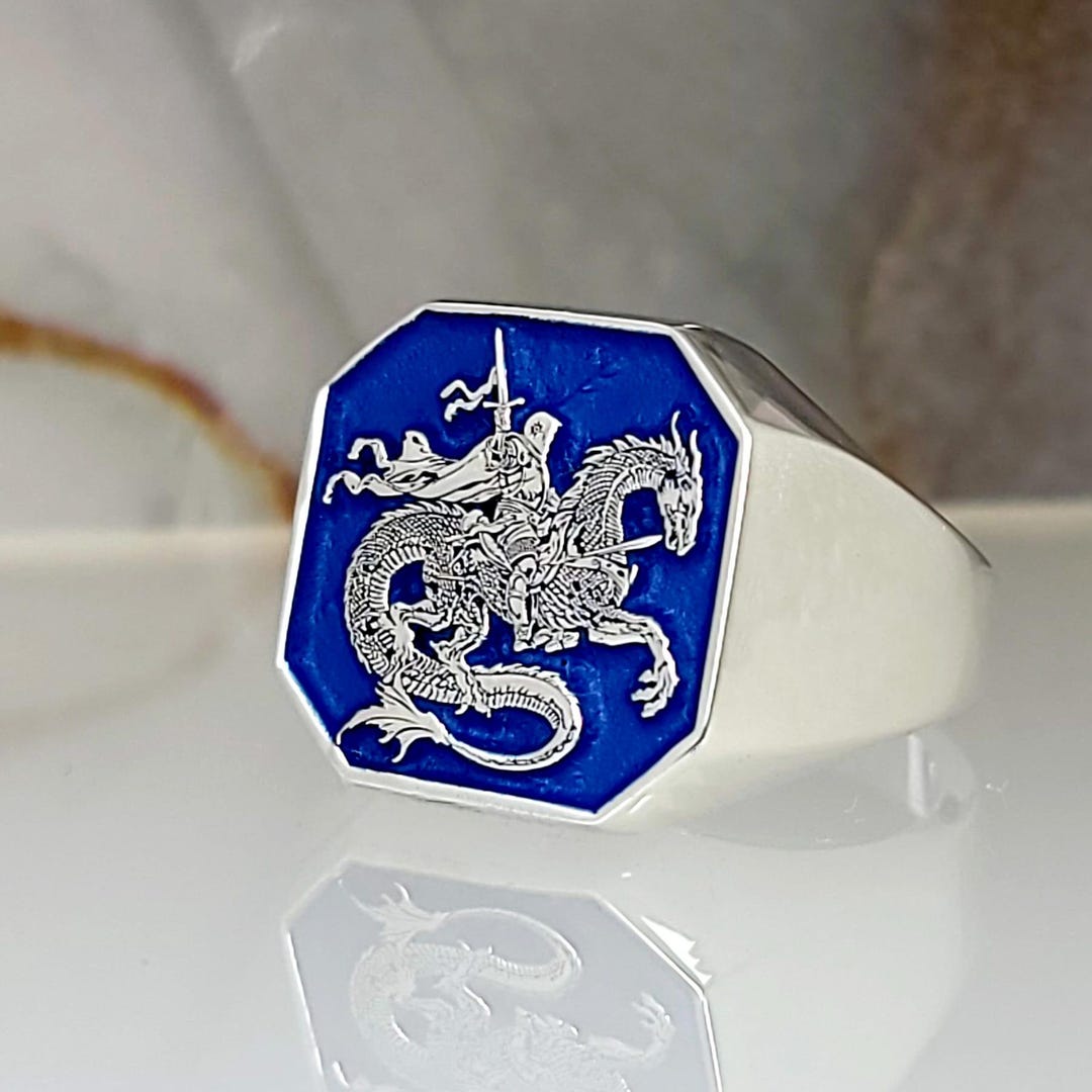 St George Dragon Slayer Signet Ring: Custom Sterling Silver, Gold Art ...
