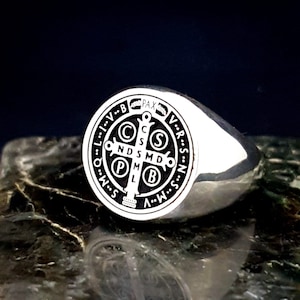 St Benedict Medal Cross Ring, 10K - 14K - 18K Gold, Religious Jewelry, St Benedict Ring, Saint Benedict Signet Ring, Cross Exorcism Ring