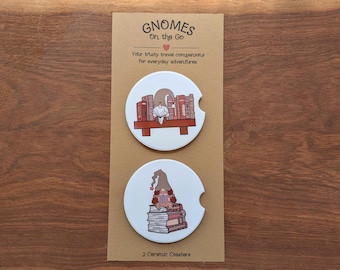 Reading Gnome  Car Coaster Set, Ceramic Bookish Merch