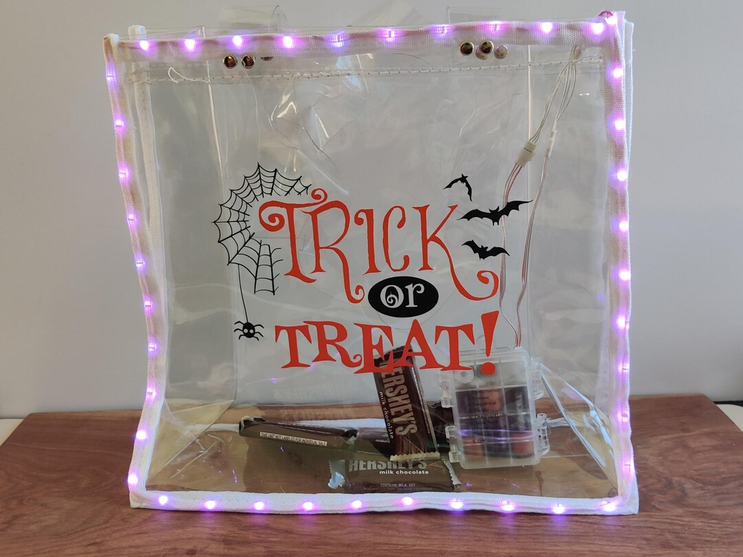 Personalized Halloween LED Trick or Treat Bag, Light up Clear Bats Tote ...