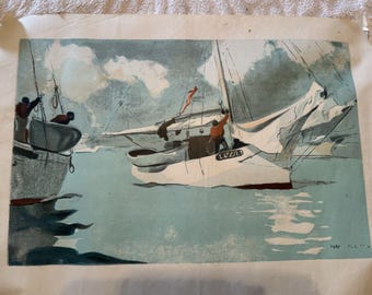 Vintage Print Fishing Boats Key West Watercolor Homer Winslow Canvas Paper 26x19