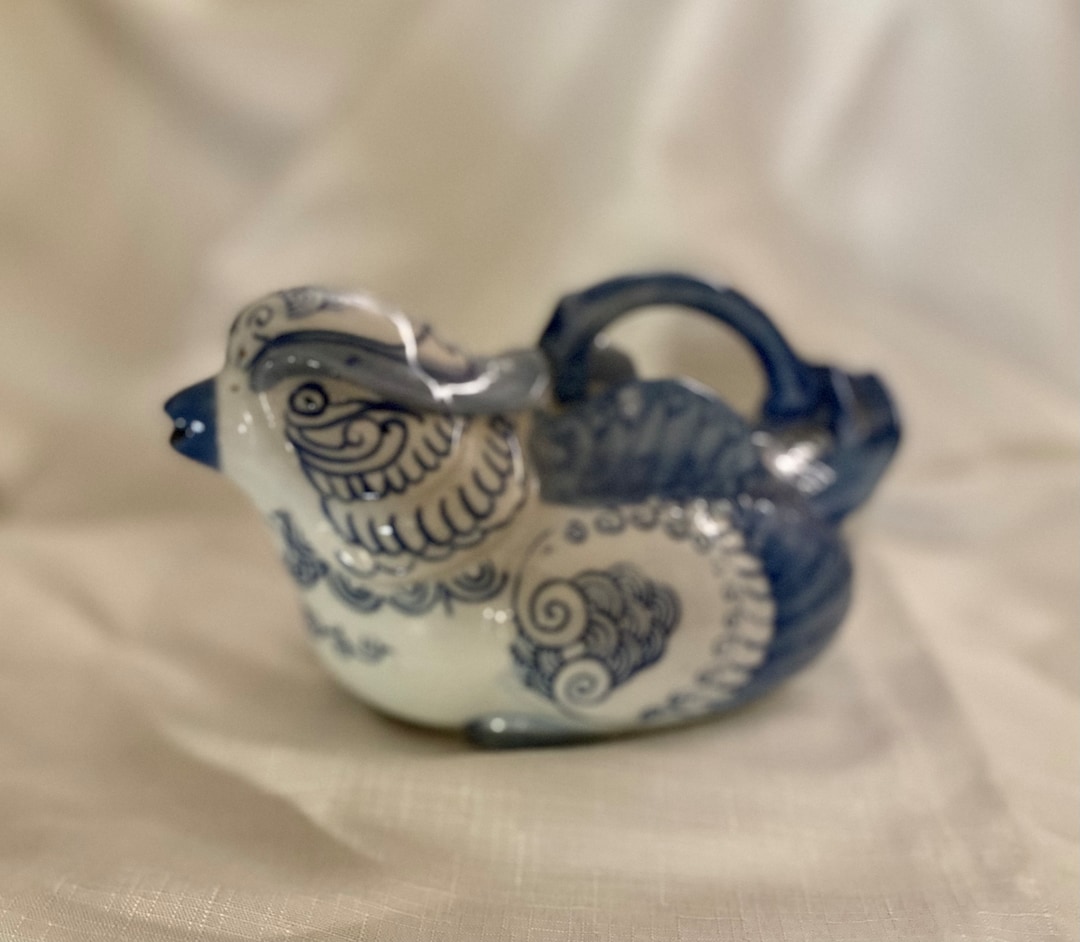 Vintage Chinese Blue Bird Teapot Etsy