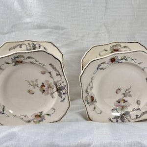 May include: Two square ceramic plates with scalloped edges, featuring a cream-colored base and a delicate floral pattern in shades of pink, green, and grey. The design includes detailed illustrations of blooming flowers and thin, winding vines.