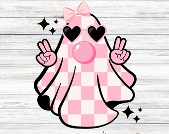 Retro roze geruite geest PNG: kauwgom, strik, hartzonnebril (digitale download)