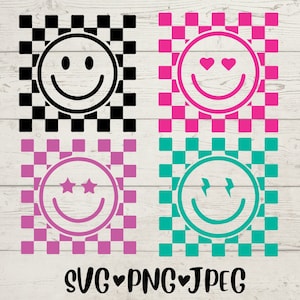 May include: Four different smiley face designs with checkered backgrounds. The smiley faces are black, pink, teal, and purple. The checkered backgrounds are black and white, pink and white, teal and white, and purple and white.