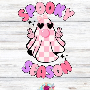 Cute Girly Retro Spooky Season Pink Checkered Ghost Blowing Bubble PNG, Cute Ghost Png, Retro Ghost PNG, Pink Ghost, Coquette Bow Ghost