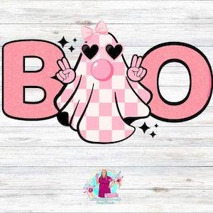 Retro Checkered Boo Png, Ghost Blowing Bubble PNG, Retro Ghost PNG, Spooky Ghost, Coquette Bow Ghost, Halloween Png, Pink Checkered Ghost