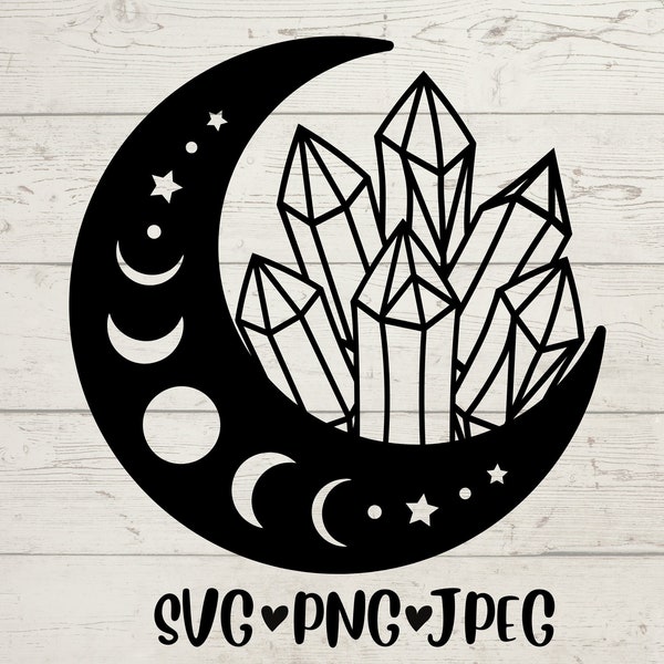 Moon & Crystals Svg | Moon Png | Moon and Crystals Png | Mystical Moon Svg | Celestial Svg | Crystals Png | Magic Svg | Psychic Svg |  Moon