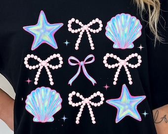 Holographic Shell and Pearl Bow PNG, Coquette Starfish and Shells, Coquette Summer Png, Coastal Seashells Png, Starfish PNG, Preppy Summer