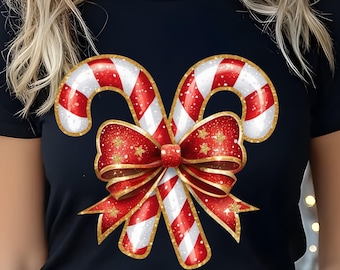 キラキラ輝くキャンディケインクリスマスPNG：グリッターコケットリボン（デジタルダウンロード）