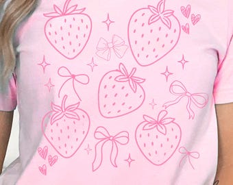 Pink Coquette Strawberry PNG, Hand Drawn Strawberry and Bow Png, Cottagecore Png, Summer Minimalist Png, Preppy Bow Png, Strawberries Png