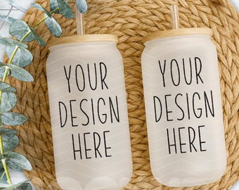 Boho Frosted Glass Can Mockup: 16oz Drinkware Display (Digital Download)