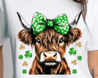 St Patricks Day Highland Cow PNG: Shamrock Rosett (digital nedladdning)