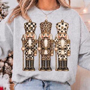 Vintage Nutcracker Trio PNG, Christmas Shirt Design with Leopard, Checkerboard & Polka Dot Patterns, Digital Download Holiday Shirt