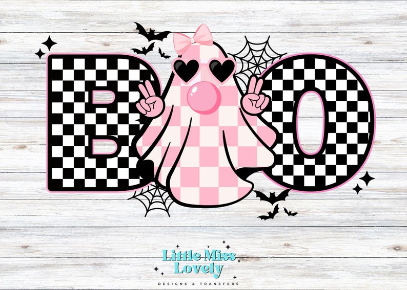 May include: A pink and black checkered ghost with pink heart-shaped sunglasses and a pink bubble. The ghost is holding up two peace signs. The background is a white woodgrain pattern with black bats and a spiderweb.