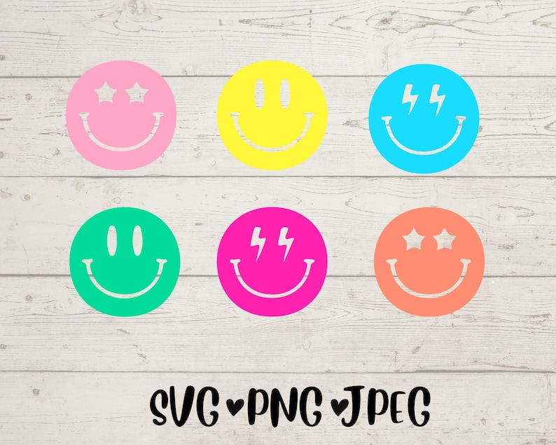May include: Six colorful smiley face designs with different eye details. The eyes are stars, lightning bolts, and dots. The designs are on a white wood background. SVG PNG JPEG