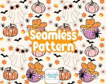 Retro Halloween Seamless Pattern: Groovy Ghost, Pumpkin, Floral (PNG Digital Download)