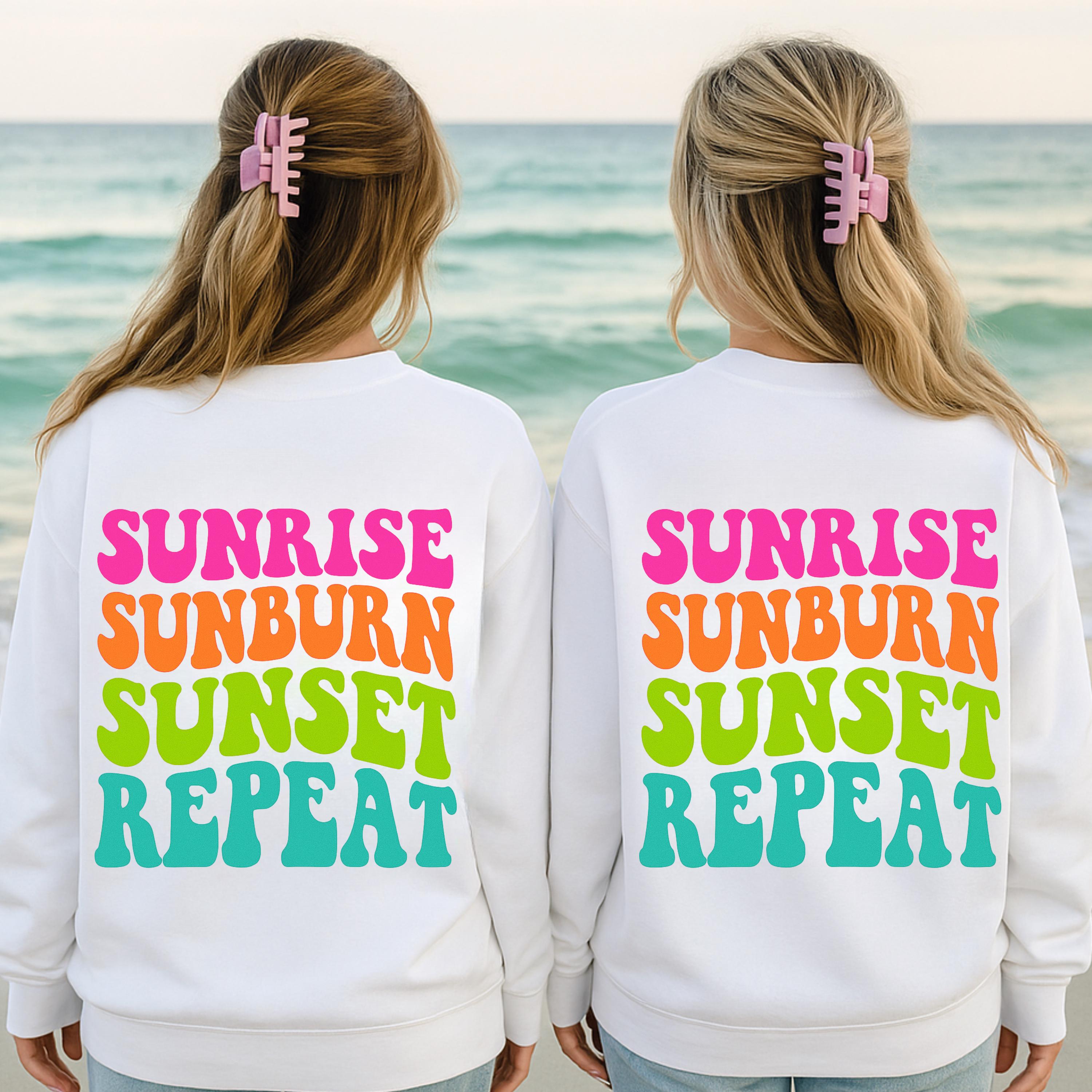 Sunrise Sunburn Sunset Repeat PNG, Retro Summer Design, Preppy Summer Png, Beach Aesthetic, Tropical Beach Tee Design, Groovy Summer Design