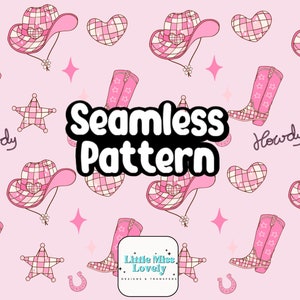 Puede incluir: Un patrón a cuadros rosa y blanco con sombreros de vaquero, botas, estrellas, corazones y herraduras. El texto "Seamless Pattern" y "Howdy" también están incluidos en el diseño.