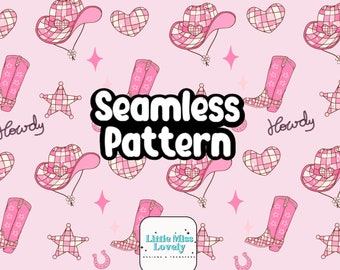 Może przedstawiać: Wzór w kratkę w kolorze różowym i białym z kowbojskimi kapeluszami, butami, gwiazdami, sercami i podkowami. Tekst "Seamless Pattern" i "Howdy" również znajduje się w projekcie.