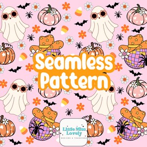 May include: A seamless pattern featuring a pink background with various Halloween-themed elements, including ghosts, pumpkins, bats, spiders, candy corn, and disco balls with cowboy hats. The text "Seamless Pattern" is written in orange letters.