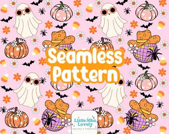 Retro Halloween Seamless Pattern: Groovy Ghost, Pumpkin (PNG Digital Download)