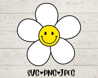 Könnte beinhalten: Eine weiße Gänseblümchen mit einem gelben Smiley-Gesicht in der Mitte. Die Gänseblümchen hat sechs Blütenblätter.