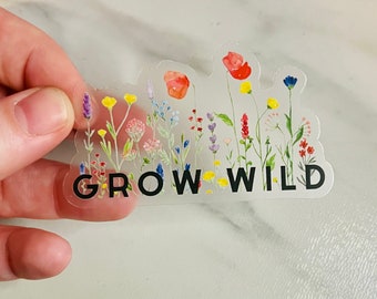 3" Grow Wild Wildflower gestanst doorzichtige vinylsticker | Laptop, waterfles, telefoon, dagboeksticker | Lente, zomer, wandelen, campingsticker