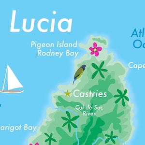 St. Lucia Illustrated Map/Print Caribbean Island Collection