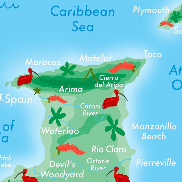 Trinidad & Tobago Illustrated Map/Print Caribbean Island Collection