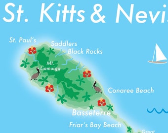 St. Kitts & Nevis Illustrated Map/Print Caribbean Island Collection