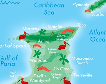 Trinidad en Tobago geïllustreerde kaart/afdruk Caribische eilandencollectie