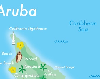 Aruba geïllustreerde kaart/print Caribische eilandcollectie