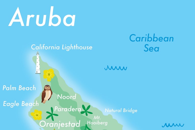 Aruba Illustrated Map/print Caribbean Island Collection Etsy