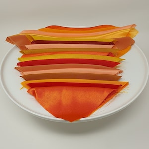 May include: A stack of orange, yellow and red fabric scraps arranged in a fan shape on a white plate.