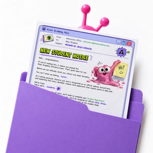 May include: A purple folder containing a white paper titled Alien Academy Mail with the subject Mission 02: Build Disguise. The document features a pink blob character holding a yellow sticky note that says Hi! and a pink antenna topper.