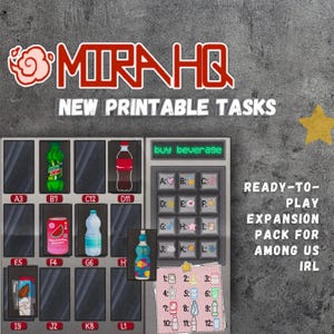 May include: A printable game pack for Among Us, featuring a vending machine with various drink options, including soda, water, and juice. The pack includes 12 tasks, labeled with numbers 1 through 12. The text "READY-TO-PLAY EXPANSION PACK FOR AMONG US IRL" is displayed on the right side of the image.