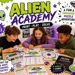 Op de afbeelding: Alien Academy printbare puzzelspelset met activiteitenbladen met ruimtethema-afbeeldingen, groene slijmaccenten en tekst waaronder Alien Academy, Print Play Solve, Ages 8-13, A Fun & Engaging Puzzle Adventure en Classified Student File.