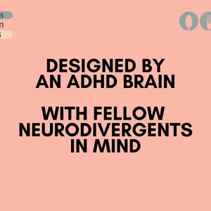 May include: Pink background with the text "DESIGNED BY AN ADHD BRAIN WITH FELLOW NEURODIVERGENTS IN MIND". The text is in black and is centered on the page. There are three icons in the top right corner of the page: a spoon, a fork, and a knife.