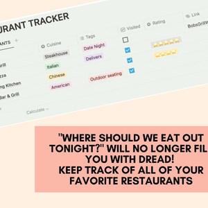 May include: A digital restaurant tracker with a list of restaurants, their cuisine, tags, and ratings. The text "WHERE SHOULD WE EAT OUT TONIGHT?" WILL NO LONGER FILL YOU WITH DREAD! KEEP TRACK OF ALL OF YOUR FAVORITE RESTAURANTS" is displayed below the tracker.