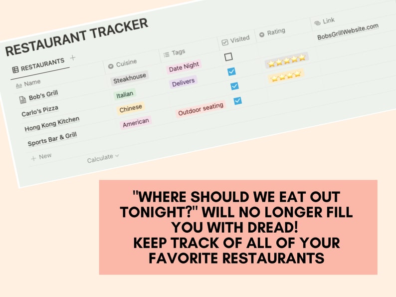 May include: A digital restaurant tracker with a list of restaurants, their cuisine, tags, and ratings. The text "WHERE SHOULD WE EAT OUT TONIGHT?" WILL NO LONGER FILL YOU WITH DREAD! KEEP TRACK OF ALL OF YOUR FAVORITE RESTAURANTS" is displayed below the tracker.