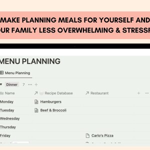 May include: A screenshot of a computer screen showing a menu planning app. The app has a list of days of the week, with a column for dinner. The user has selected "Hamburgers" for Monday, "Beef & Broccoli" for Tuesday, and "Carlo's Pizza" for Friday.